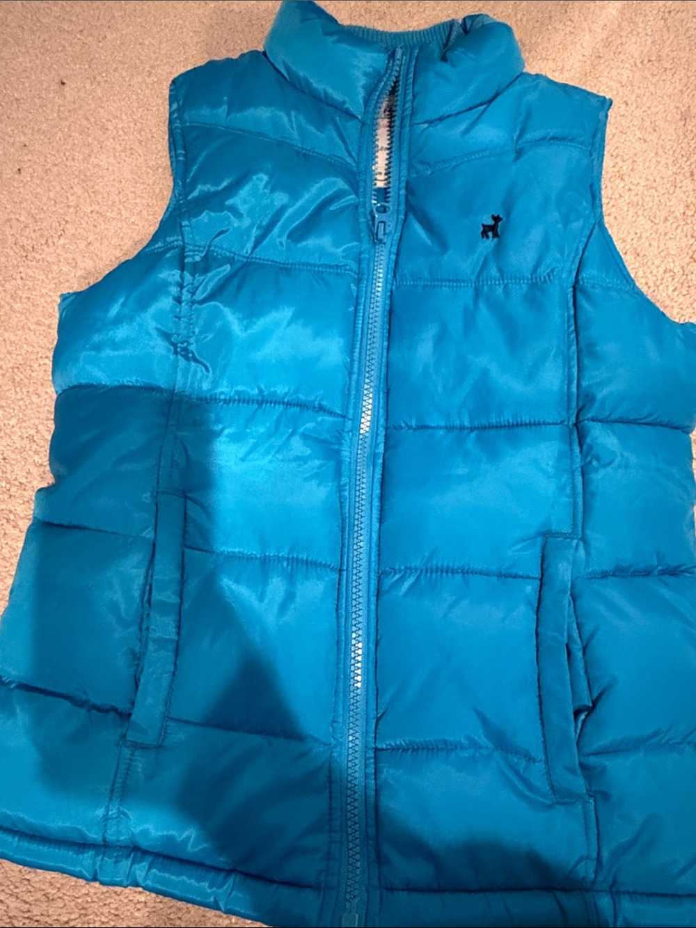 Old navy teal Blue Puffer Vest with Embroidered deer Logo sz Youth XL
